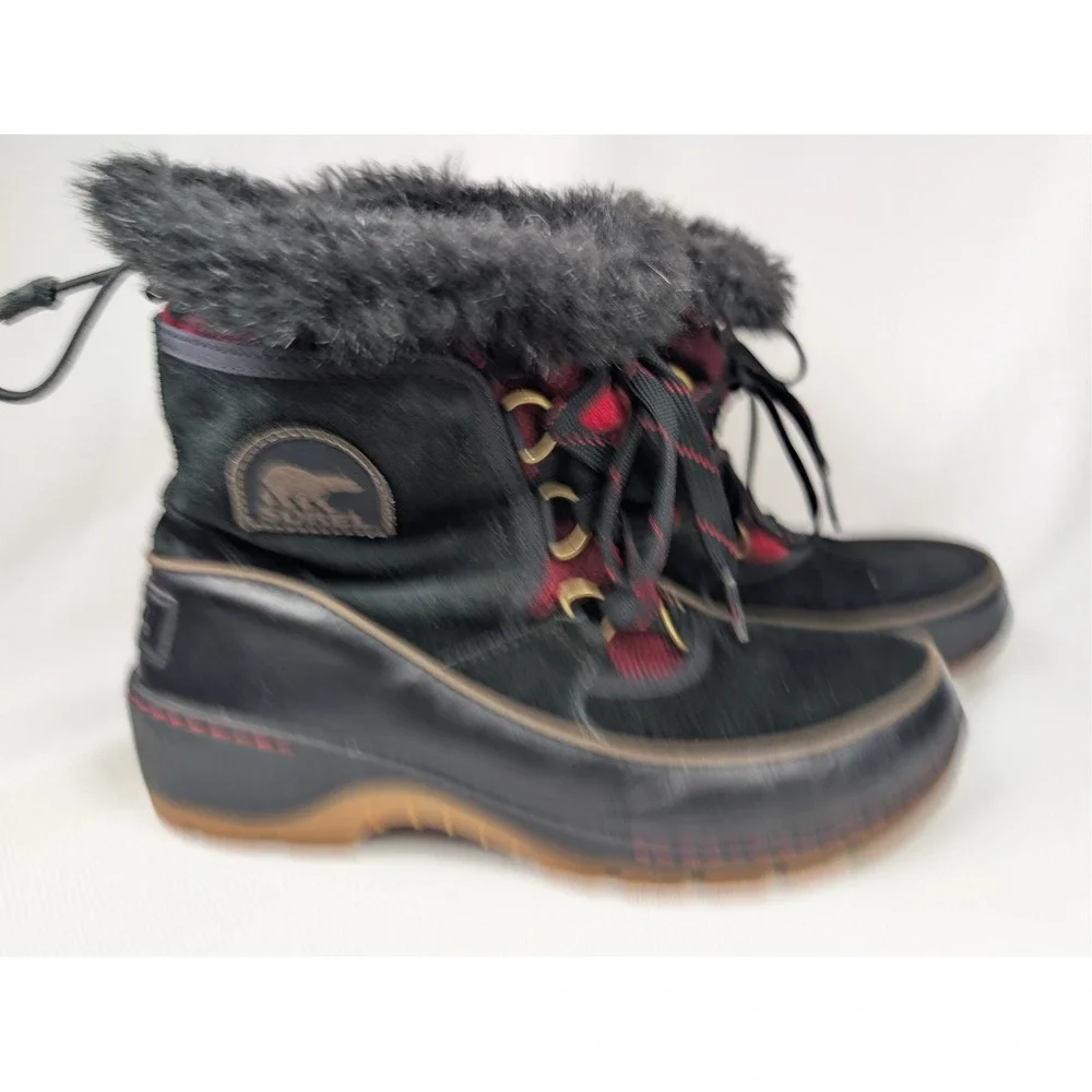 Sorel Tivoli III Waterproof Winter Boots 7.5 Black Red Buffalo Plaid Faux‎ Fur